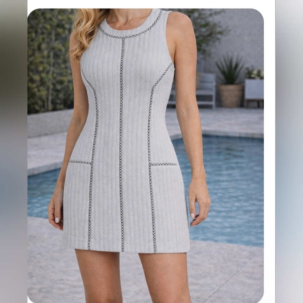 Rebecca Taylor Textured Sleeveless Shift Dress Womens Size 2 Gray Lace Trim